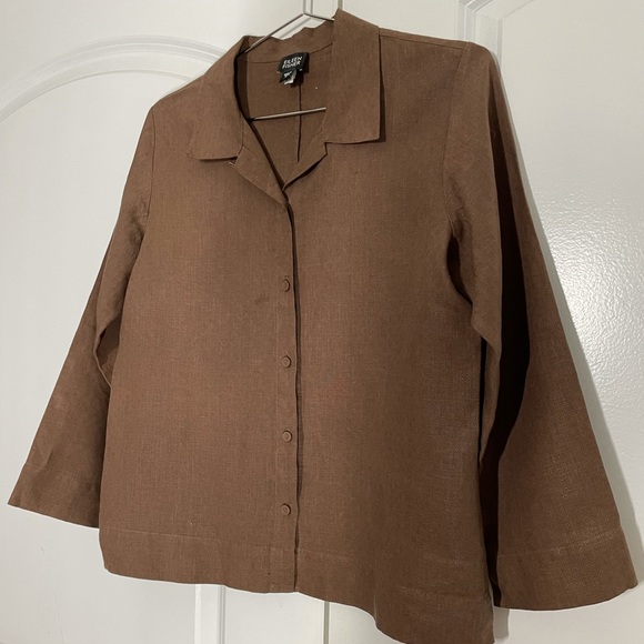 Eileen Fisher 100% Linen Boxy Cropped Brown Shirt size S - Picture 7 of 13